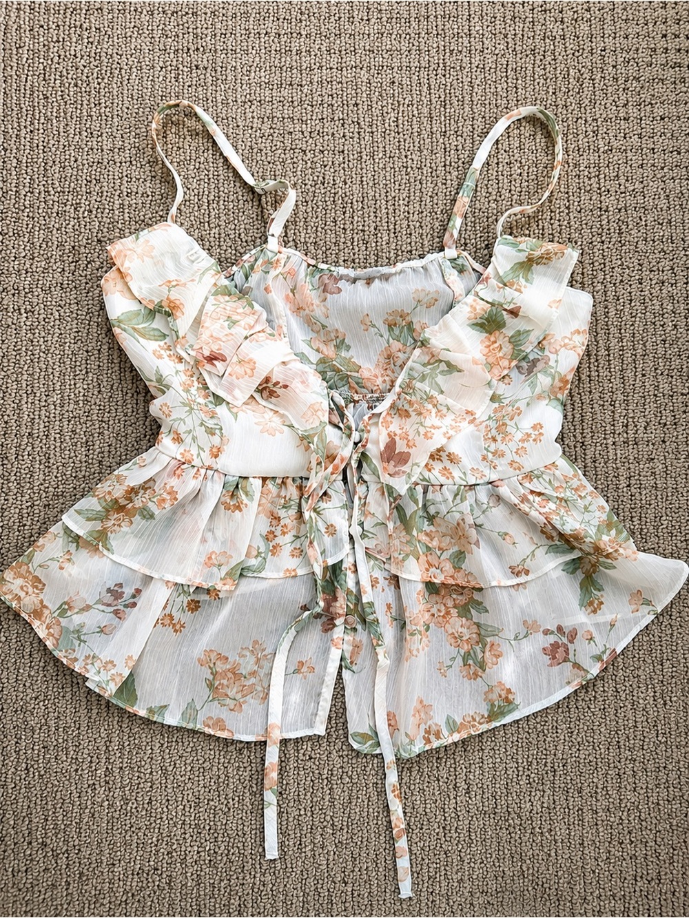 Love Tree White Floral Ruffle Tie-Front Cami with Peach & Green Print